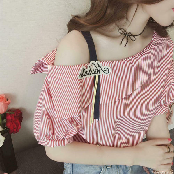 Fashion Women Short Sleeve Stripe Off Shoulder Loose T-Shirts Tops (Pink L)