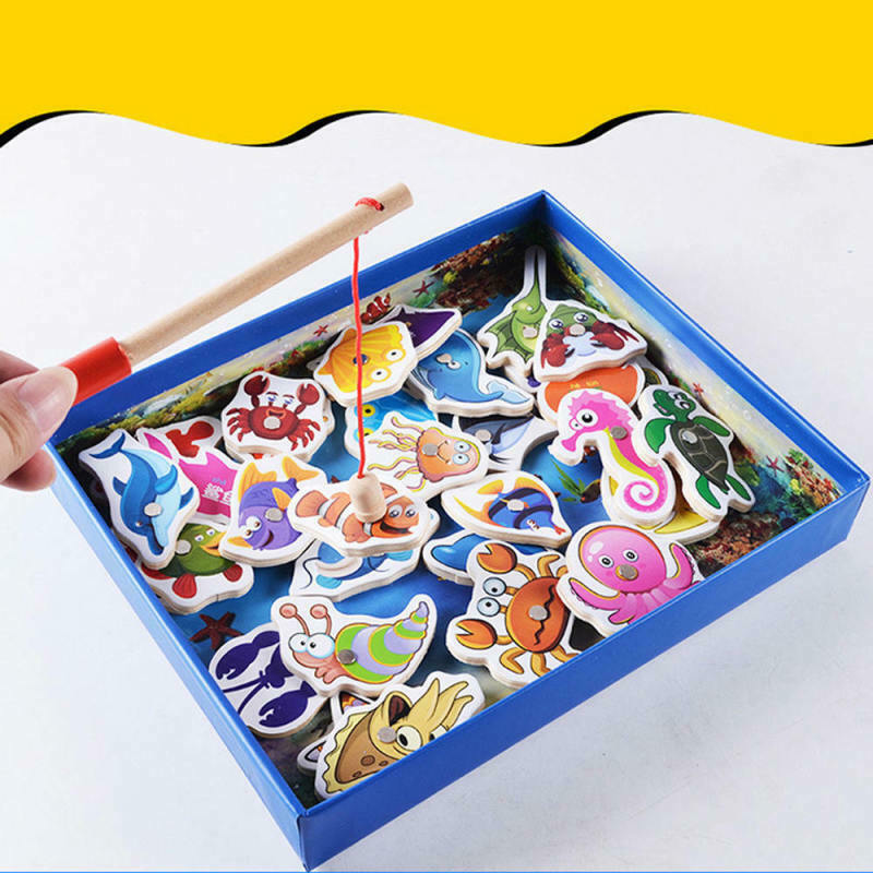 Kids Wooden Double Sided Magnetic Fishing Toys Kit+ 32pcs various sea a MKW