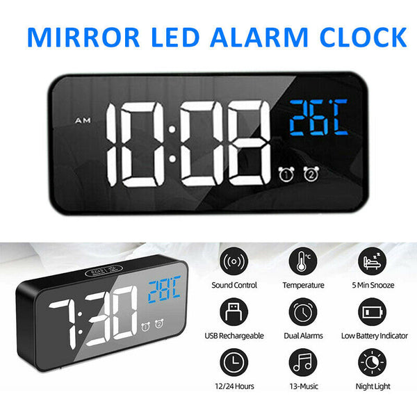 Multifunction Mirror LED Alarm Clock Digital Clock Thermometer USB Night Light