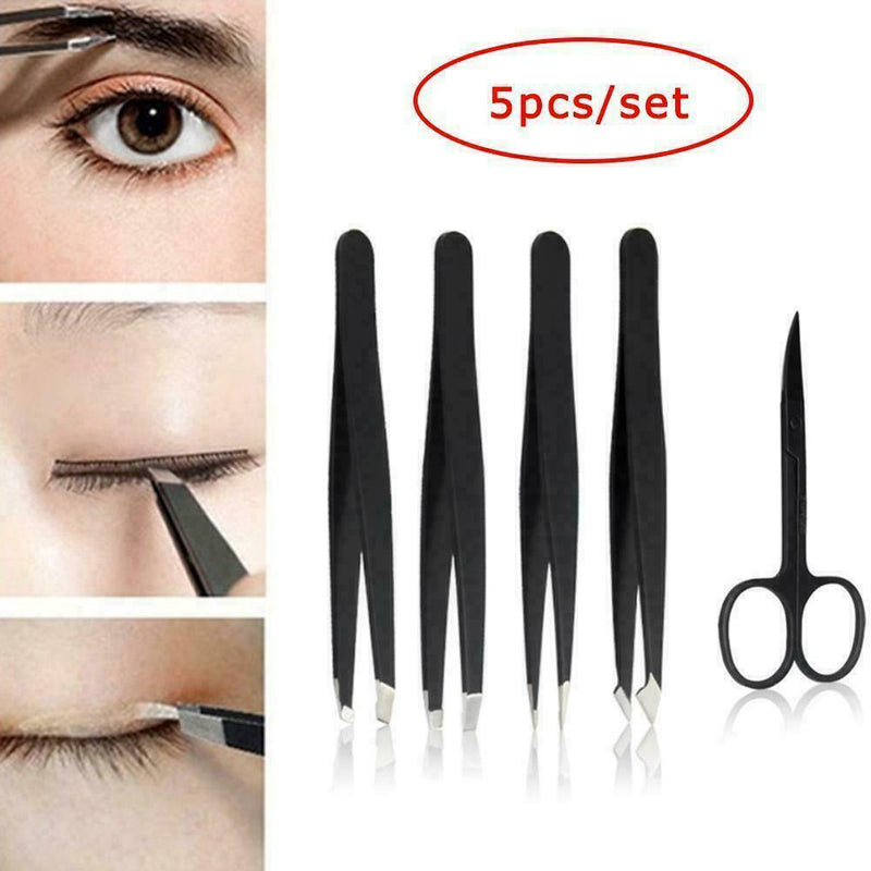 Tweezers 5PCS/Set Professional Stainless Steel Eyebrow Pluckers Case Set L1U7