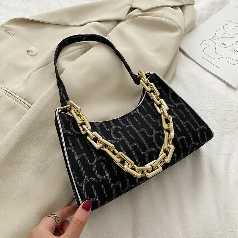 Casual Printed Women Handbag Totes PU Chain Underarm Shoulder Bags (Black) A