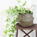 Folding Straw Planter Pot Handled Wicker Basket Flowers Plants Holder Beige