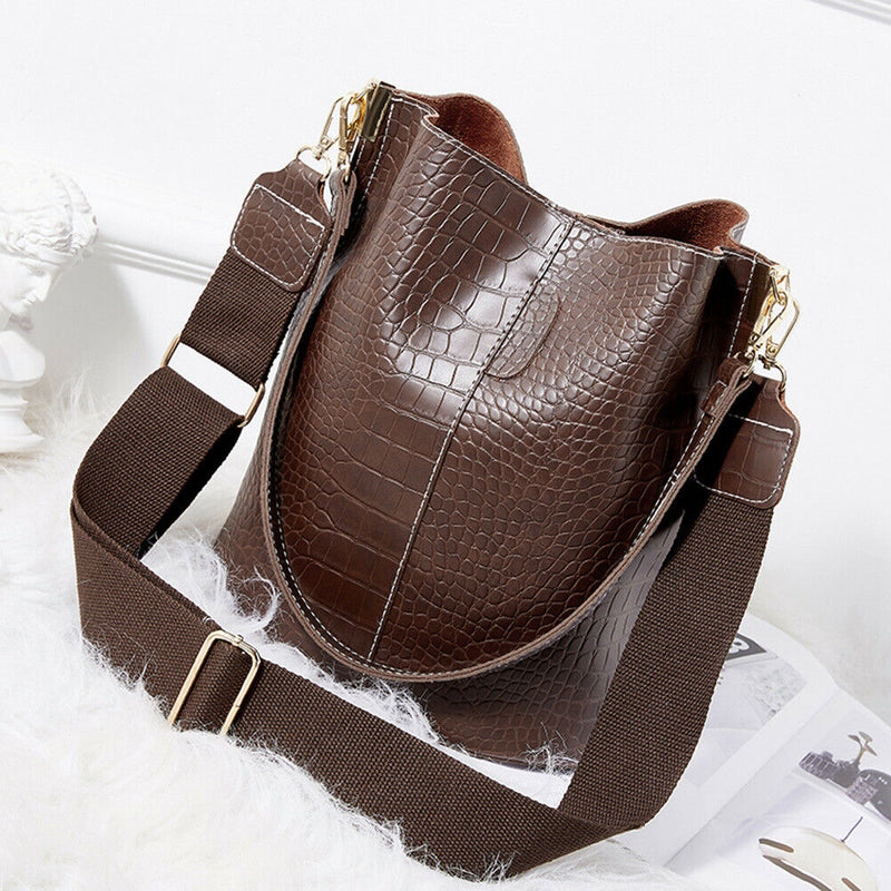 Crocodile PU Leather Women Shoulder Bag Messenger Bucket Handbag (Coffee)