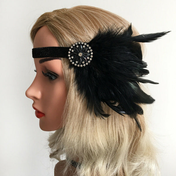 Womens Feather Headband Gatsby 20s Flapper Beaded Fascinator Wedding Bridal