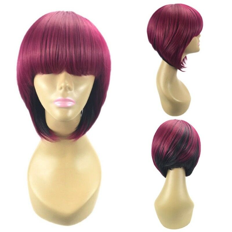 Ombre Wine Red/Black Short Straight Wigs Synthetic Hair Bob Women Fashion Soft