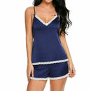 Women Pajamas suit For Summer V-Neck Sleepwear Trim Satin Tops Shorts Set L