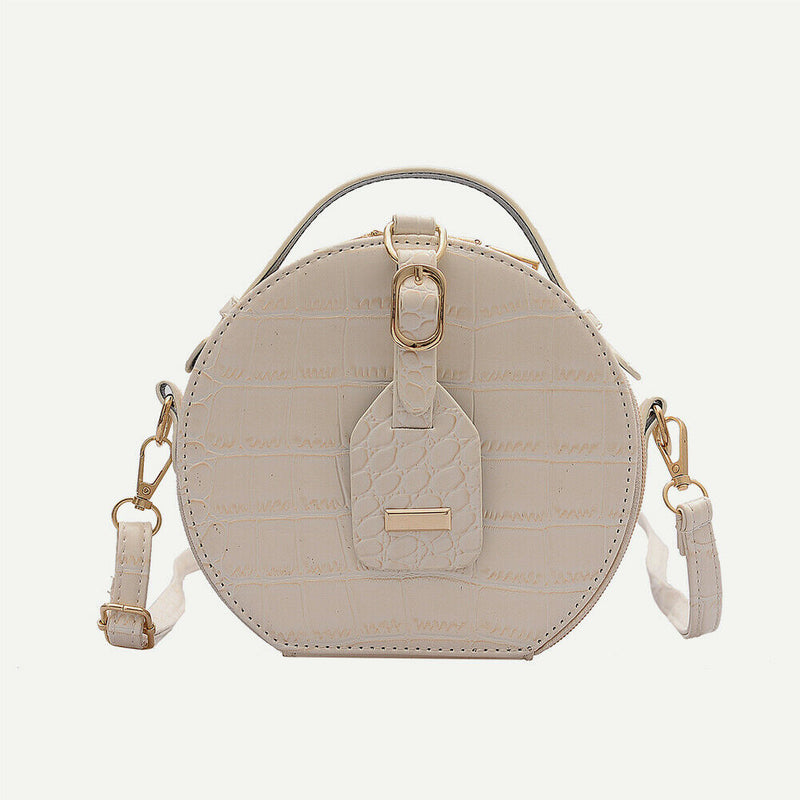 Women Round Shoulder Bag Alligator PU Circle Zip Crossbody Handbag (Beige)