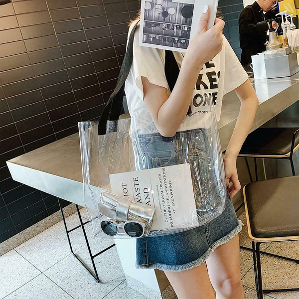 Clear Women Handbag Transparent Shoulder Bag Large Shopping Totes (White)