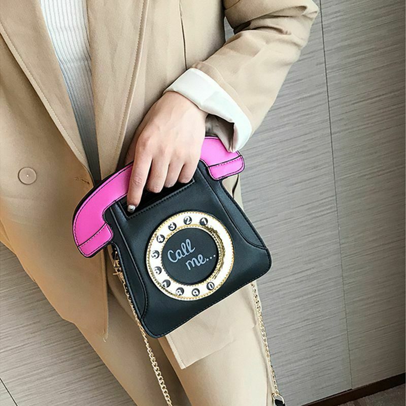 Telephone Shaped Women Retro Cross Body Bag PU Leather Clutch Purse Chain B M8L5