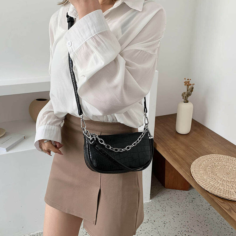Stone Leather Shoulder Handbags Women Chain Armpit Messenger Bags (Yellow) A