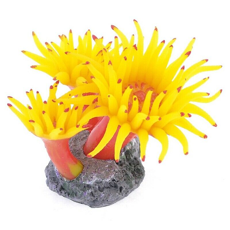 Concrete Base Silicone Coral Anemone Aquarium Plant Decoration, Yellow