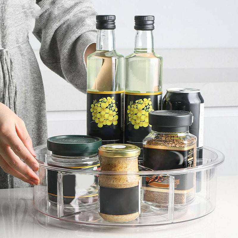 Lazy Susan Divided Turntable Storage Container, Clear Round Organizer Box