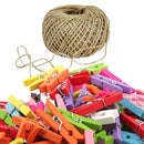 50 Wooden Mini Craft Pegs Embellishments Cloth Photo Spring Clips+Jute Twine