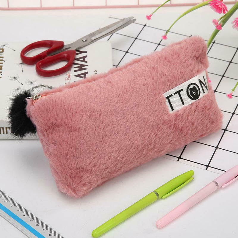 Cute Soft Plush Pen Bag Stationery Cosmetic Pouch Student Supply (Wine Red) A