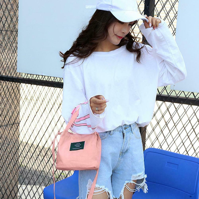 Letter Print Shoulder Bucket Handbags Women Canvas Crossbody Bags (Pink)