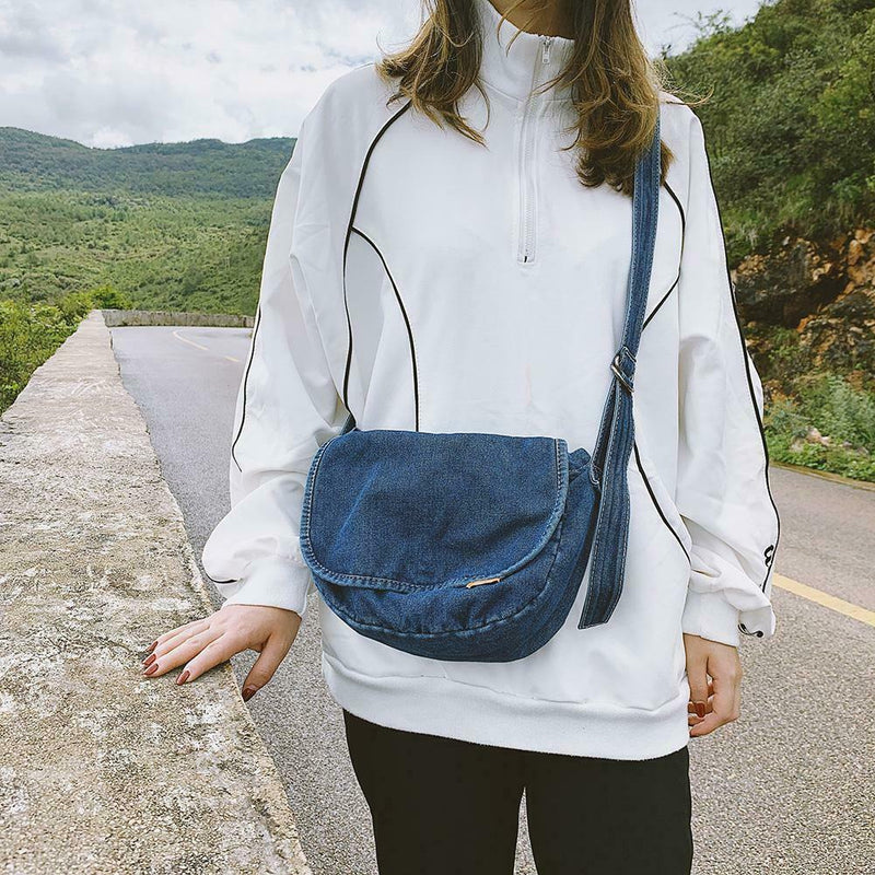 Women Canvas Denim Crossbody Bags Pure Color Flap Shoulder Bag (Dark Blue)