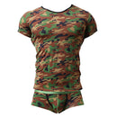 Mens Green Camo T Shirt Summer Sports Tops  Brief Swim Trunk Set