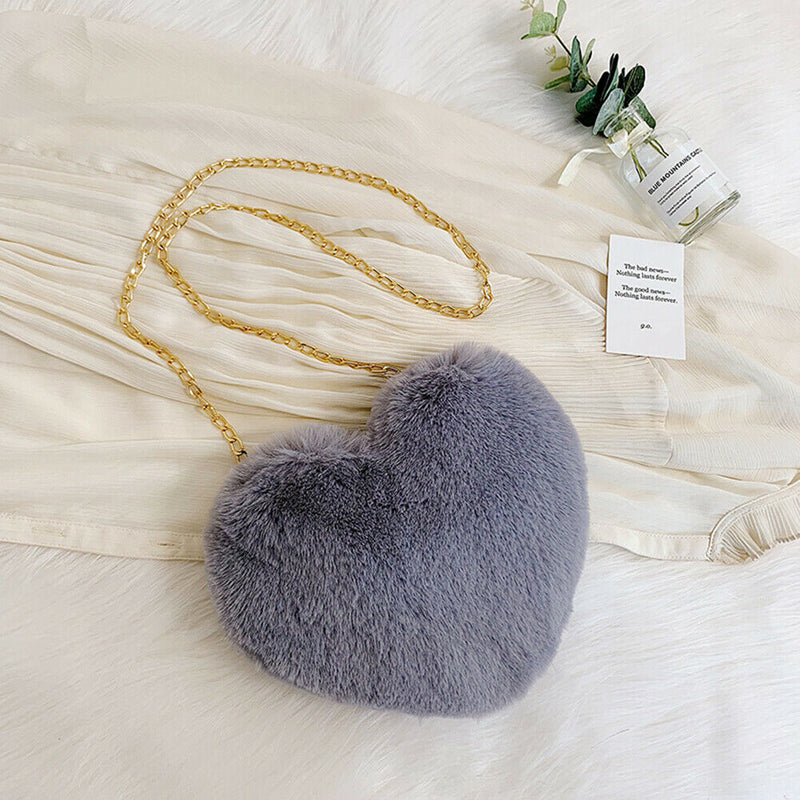 Heart Shaped Messenger Bag Women Girl Plush Shoulder Handbag (Dark Grey)