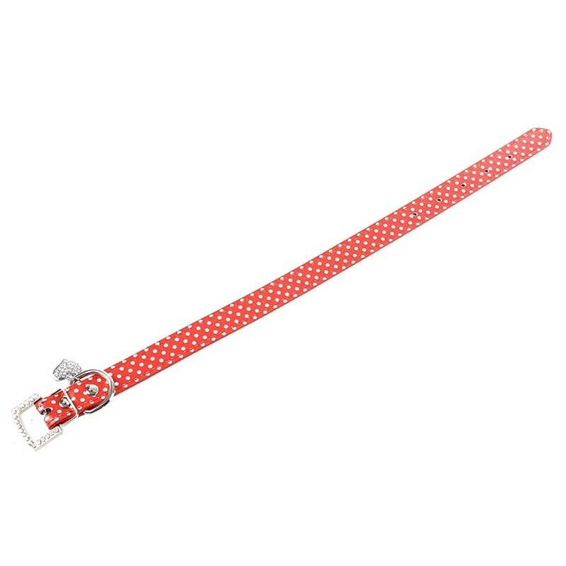 Red PU Dog Pet Pitbull Polka Dots Rhinestone Neck Collar Strap Buckle M