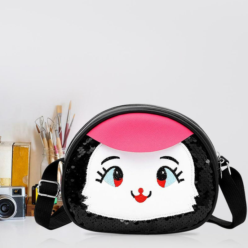 Cartoon Print Bag Girl Kids Sequins Shoulder Messenger Leather Bags (Black) A