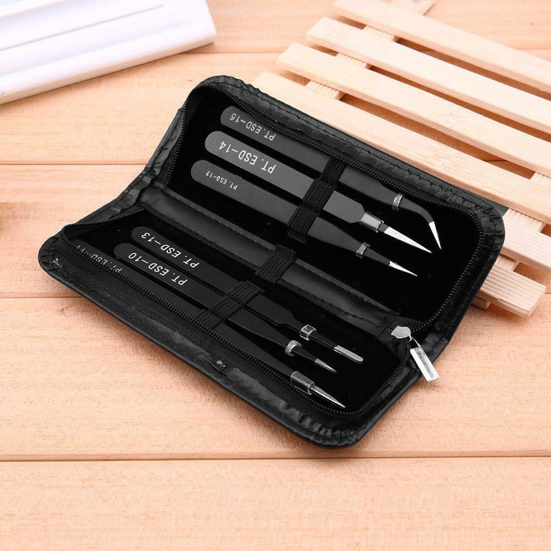 6pcs Stainless Steel Safe Anti-Static Tweezers Set Manicure Tool with Bag  A