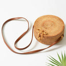 Women Handwoven Round Rattan Bag Shoulder Leather Straps Natural Chic Handb