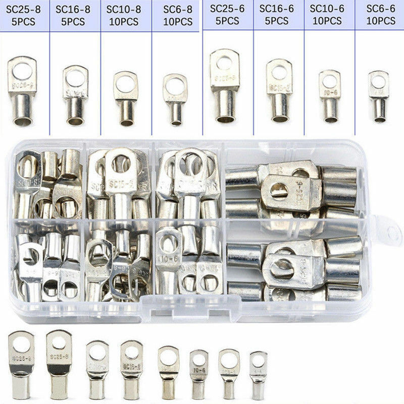 60x Copper Tube Terminals Battery Welding Cable Lug Ring Crimp Connectors Tool