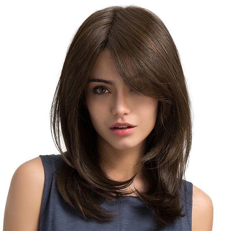 Women Hair Wigs Ladies Party Daily Natural Wave Dark Brown Side Parting Syn