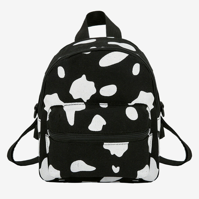 Cow Print Backpack Women Canvas Schoolbag Teenage Girl Mini Bagpack (Black)