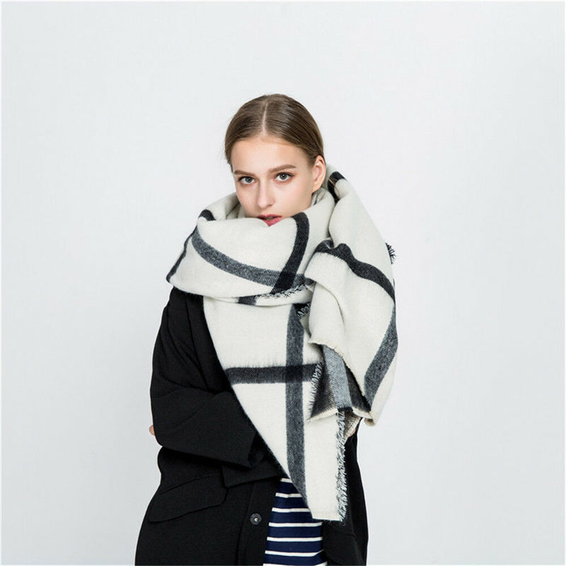 Womens Winter Warm Plaid Stole Neck Wrap Long Shawl Soft Big Grid Large Scarf
