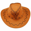 Men Flannel Strap Winding Cow Head Pattern Faux Suede Cowboy Hat Brown T5X4