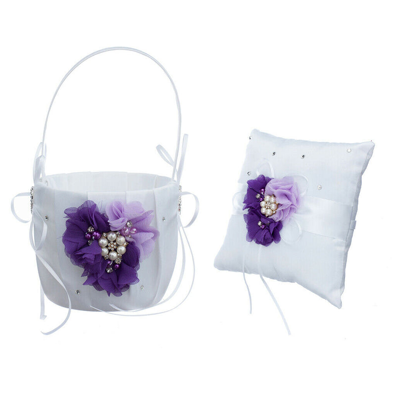 1 Set Purple Flower Pearls Diamante Ring Bearer and Flower Girl Basket