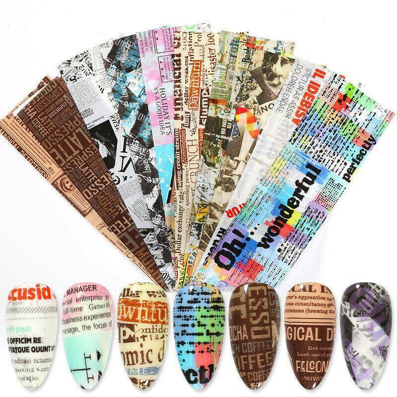 10PC Newspaper Series Nail Foils Stickers Transfer Paper Nail Art Decoration DIY