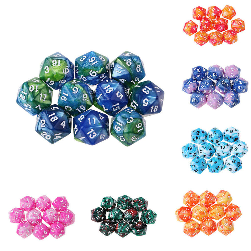 Set of 10 Blue White D20 Acrylic Dice for RPG D&D Gaming Twenty Sided Die