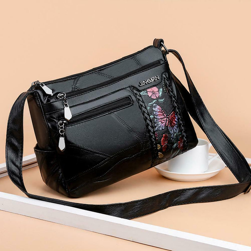 Women Floral Printed Shoulder Bags Multi Pocket Leather Crossbody Handbags