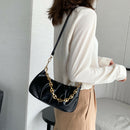 Solid Pleated Women Shoulder Bag PU Clear Chain Crossbody Handbag (Black)