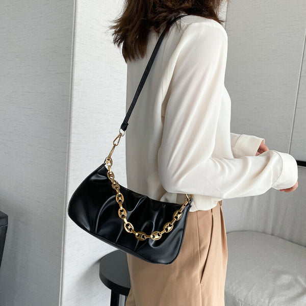 Solid Pleated Women Shoulder Bag PU Clear Chain Crossbody Handbag (Black)