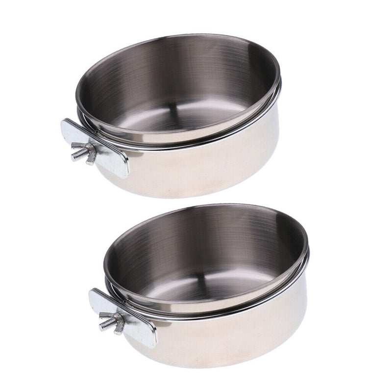 2 Pcs Stainless Steel Cage Coop Hook Cup Bird Dog Animal Food Water Bowl
