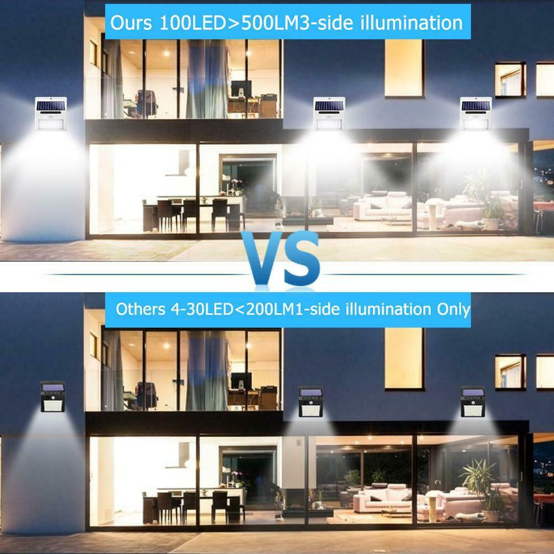 2pcs 100LED Three-sided Solar Motion Sensor Wall Light Outdoor Garden Lamp A