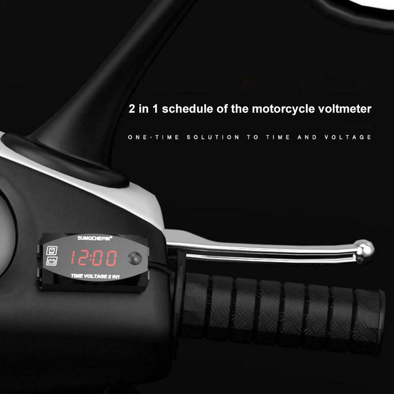 12V Motorcycle Electric Vehicle 2-in-1 Digital Display Voltmeter Time Clock