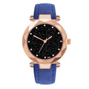 Women PU Leather Quartz Luxury Starry Sky Crystal Dial Analog Watch (Blue) A