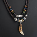 Men's Bohemia Wolf Tooth Pendant Leather Beaded Weaved Necklace Fashion Jewelry