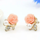 Fashion Pearls Rhinestone Ear Stud Women Flower Earrings Jewelry (Pink) A