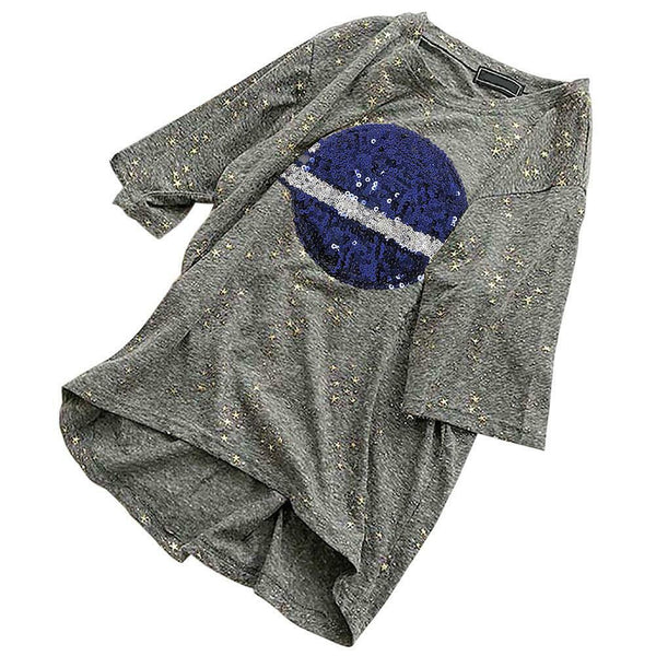 Summer Women Loose T-shirt Star Print Sequin Short-Sleeve TopsÃ¯Â¼Ë†Gray) (L)