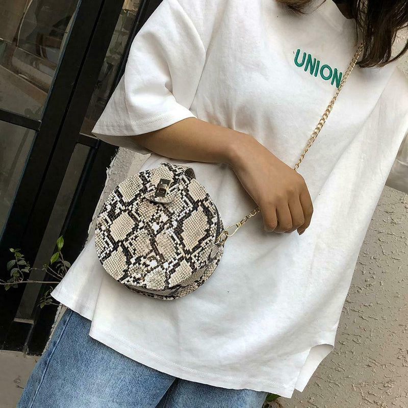 Retro Serpentine Round Women Handbags Small PU Leather Shoulder Bag (Khaki) A