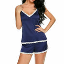 Women Pajamas suit For Summer V-Neck Sleepwear Trim Satin Tops Shorts Set L