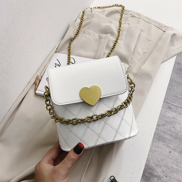 Women Bucket Shoulder Bag Leather Love Buckle Chain Crossbody Bags (White) A#S