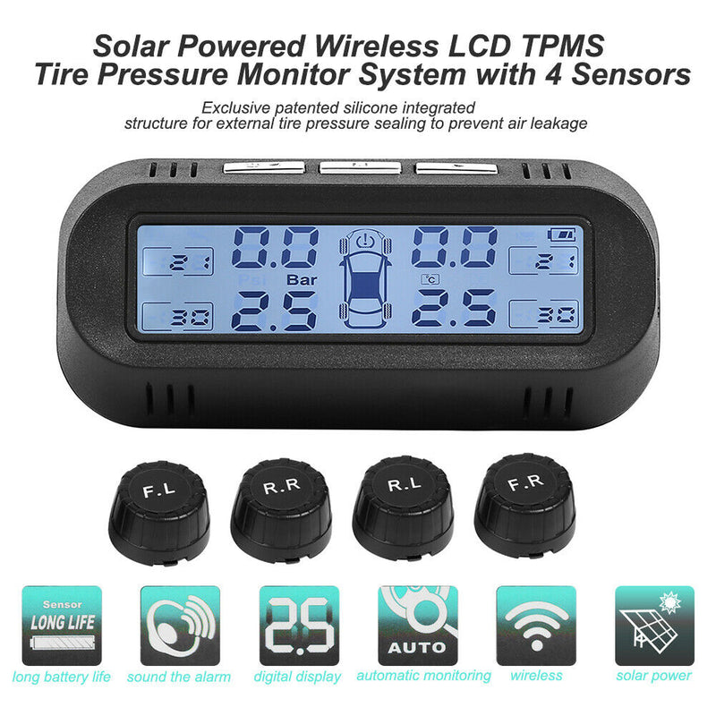 AN-10 Solar Car TPMS Tire Pressure Monitor Alarm Warning System+4External Sensor