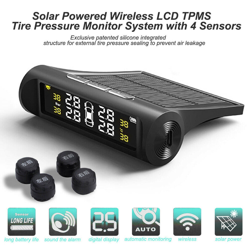 AN001 Solar Car TPMS LCD Tire Pressure Monitoring System+4pc External Sensors