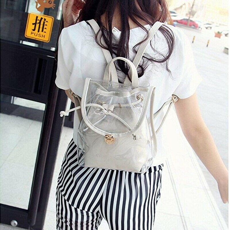 Women's 2 in 1 Clear Fashion Backpack Transparent Travel Beach Shoulder Han M6N2